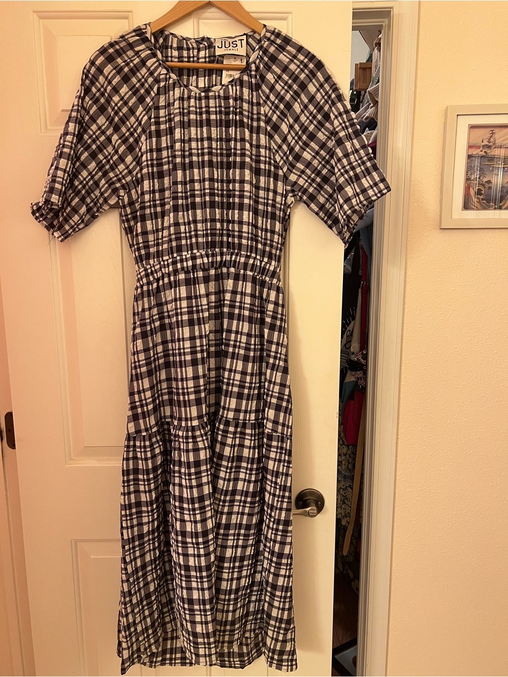 Free People Black and White Plaid Tiered Midi Dress with Back Cutout